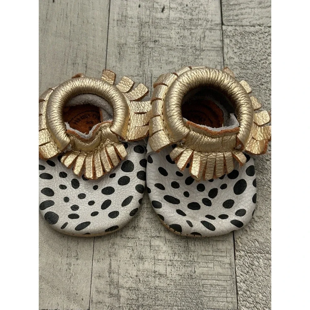 Freshly Picked Girls' Dalmatian‎ Metallic Fringed Moccasins - Baby Size 1